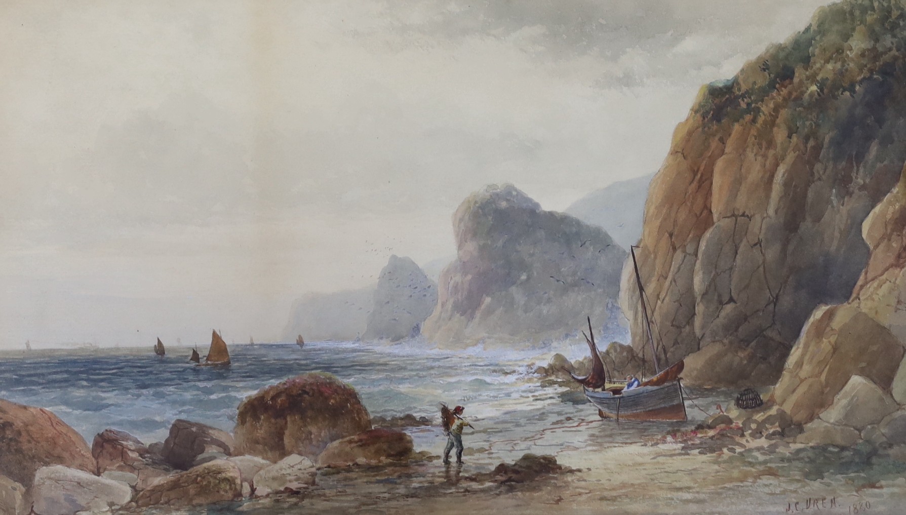 John Clarkson Uren (1845-1932), three watercolours, Coastal scenes, signed, one dated 1880, largest 23 x 40cm